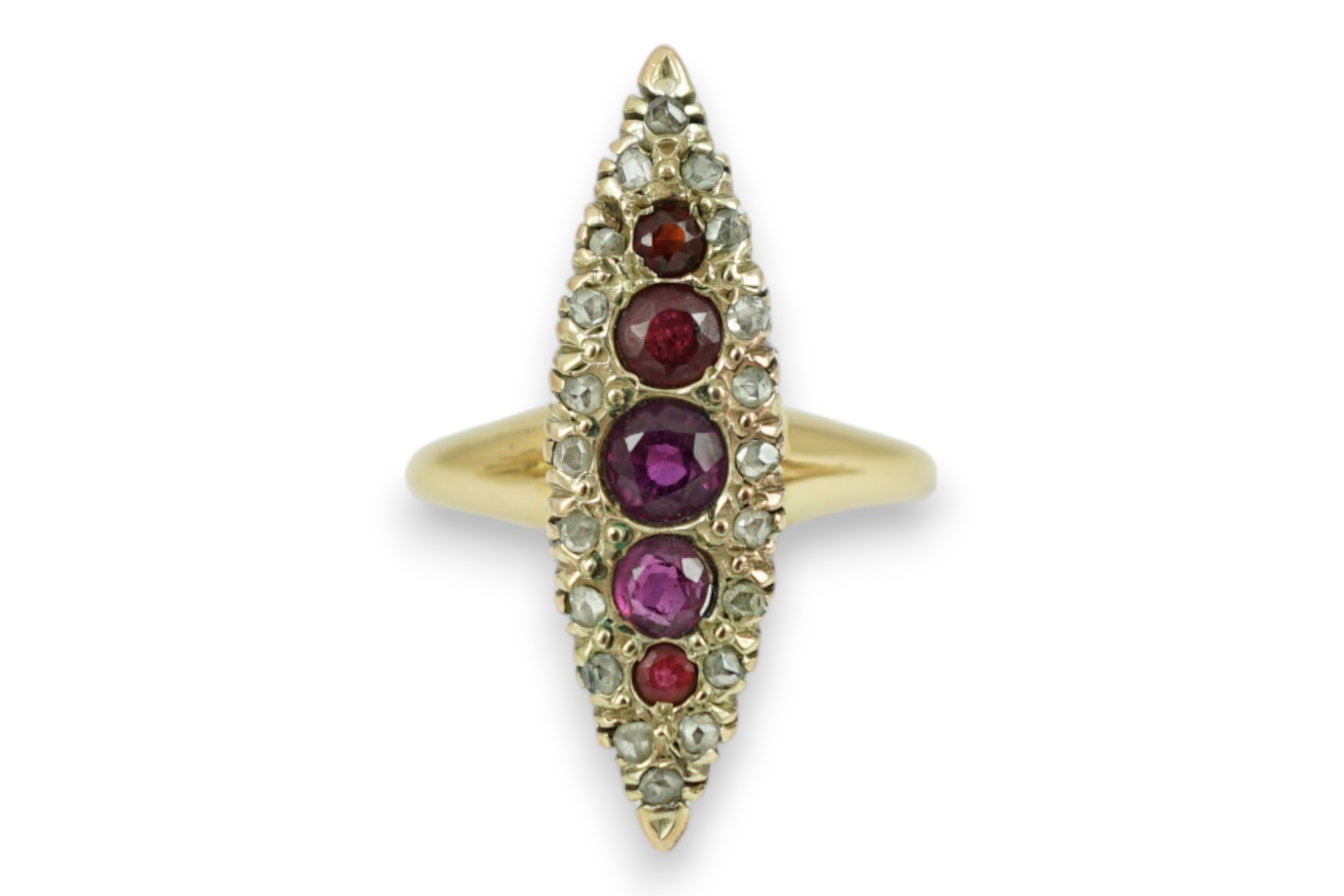 A late Victorian 18ct gold, ruby? and diamond marquise cluster set ring, size L, gross weight 3.5 grams.